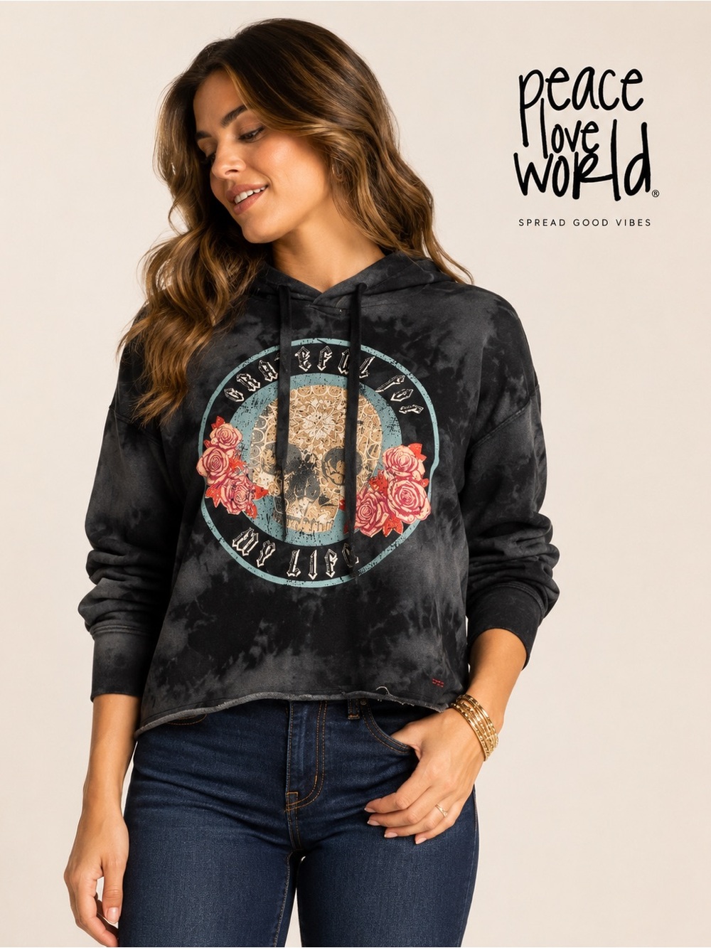 Peace Love World Tie Dye Cropped Hoodie Sugar Skull Roses Graphic Women’s Small